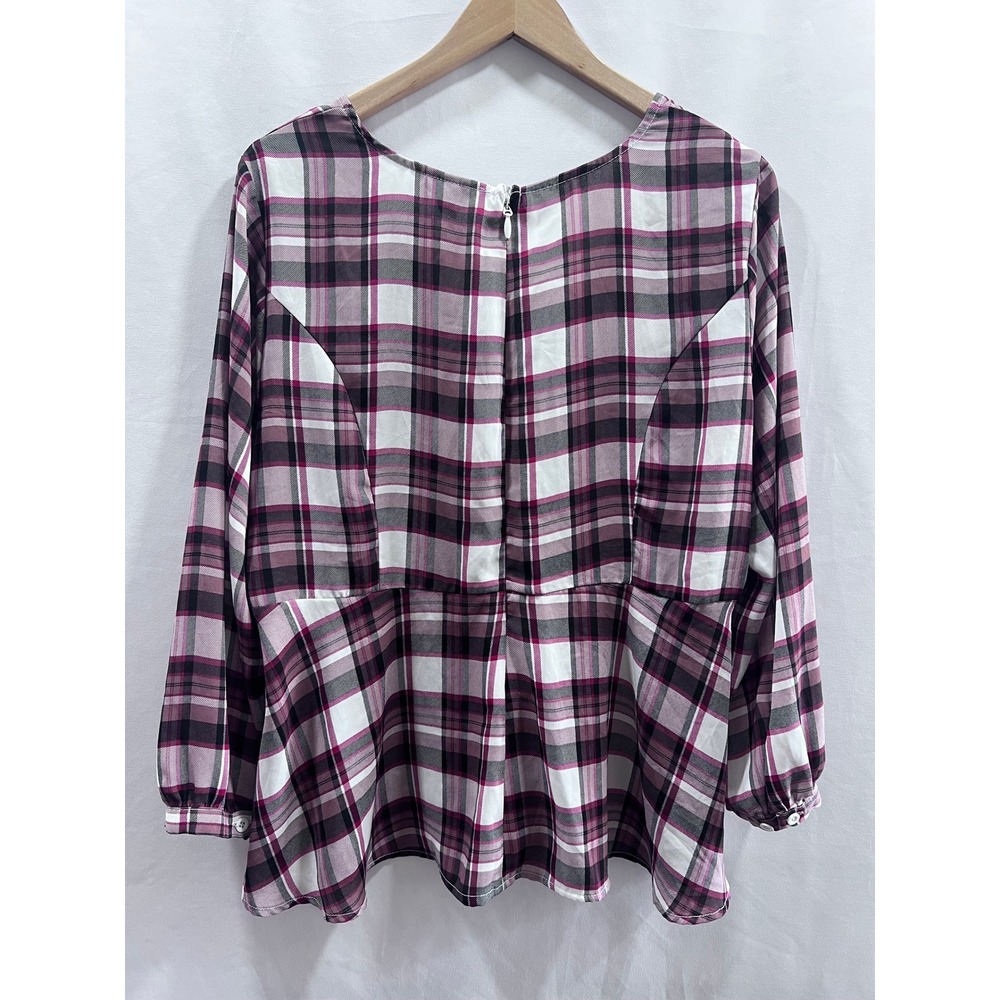 Torrid Womens Plaid Tie Front Peplum Blouse Burgundy Black White Size 00 M L - Picture 3 of 7